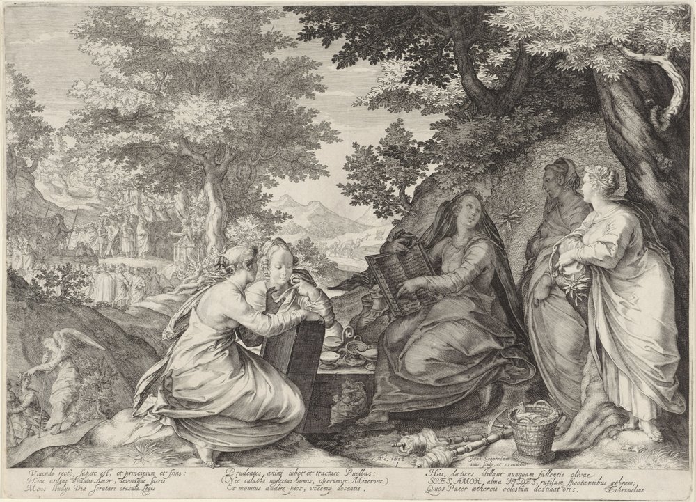 Fünf kluge Jungfrauen in einer Landschaft mit der Predigt von Johannes dem Täufer (Gleichnis von den klugen und törichten Jungfrauen) von Jan Saenredam