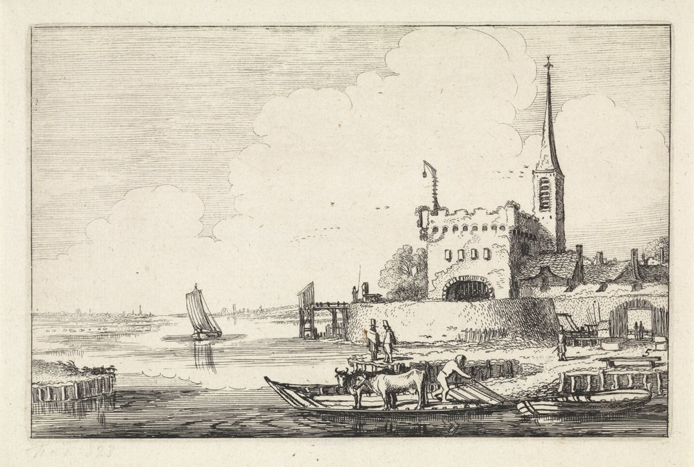 Fähre mit Vieh bei einer Festung in einer Flusslandschaft (Serientitel: Landschaften) von Jan van de Velde (II)