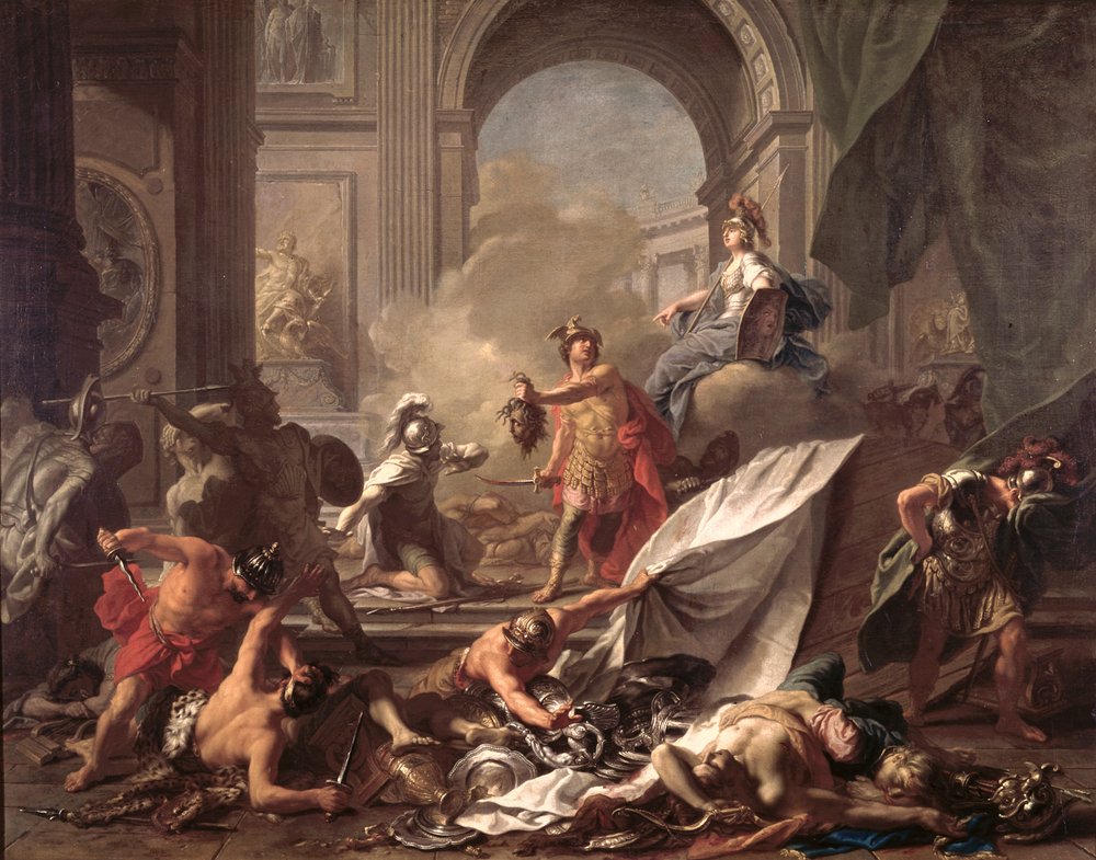 Perseus verwandelt unter dem Schutz Minervas Phineus in Stein, indem er das Haupt der Medusa schwingt von Jean-Marc Nattier