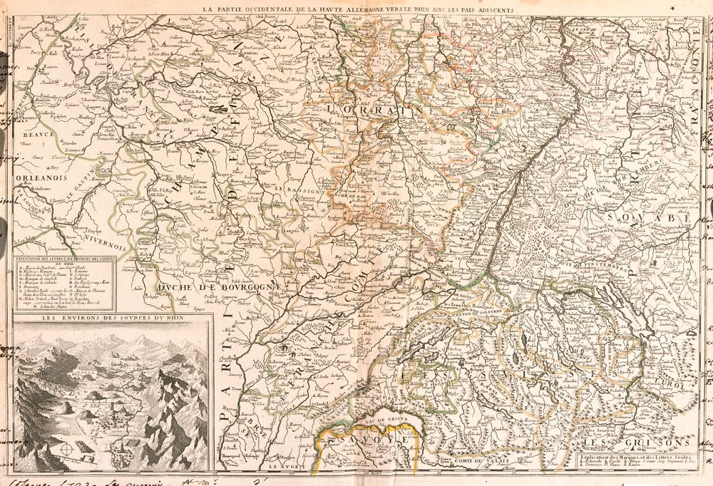 Karte des Gebiets um den Rhein (Deutschland, Schweiz, Frankreich) (Gravur)