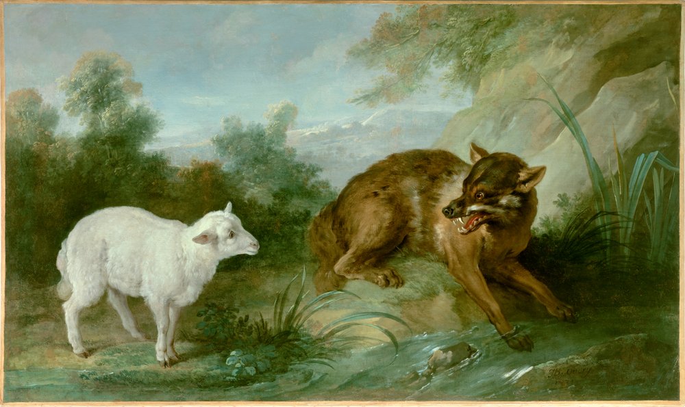 Das Lamm Und Der Wolf Der Wolf und das Lamm (Illustration einer Fabel von Jean de La Fontaine)