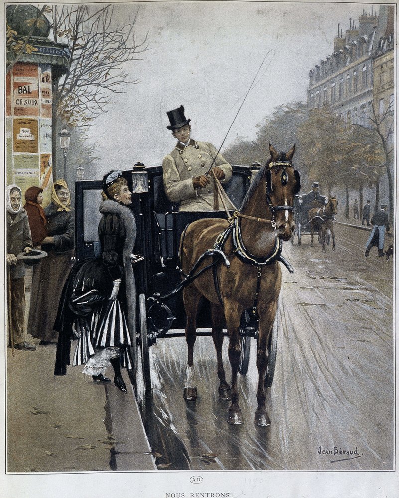 Elegante Frau in einer Kutsche in Paris: „Wir Heimkehrer“ - Illustration von Jean Béraud (1849 - 1935), spätes 19. Jahrhundert. von Jean Beraud
