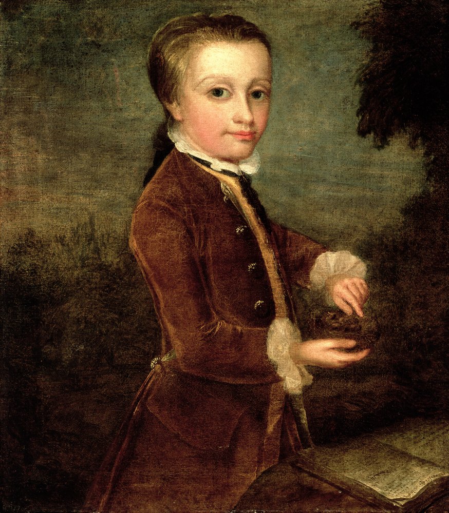 Porträt des achtjährigen Wolfgang Amadeus Mozart (1756-91), ein Vogelnest haltend, 1764-65 von Johan Joseph Zoffany