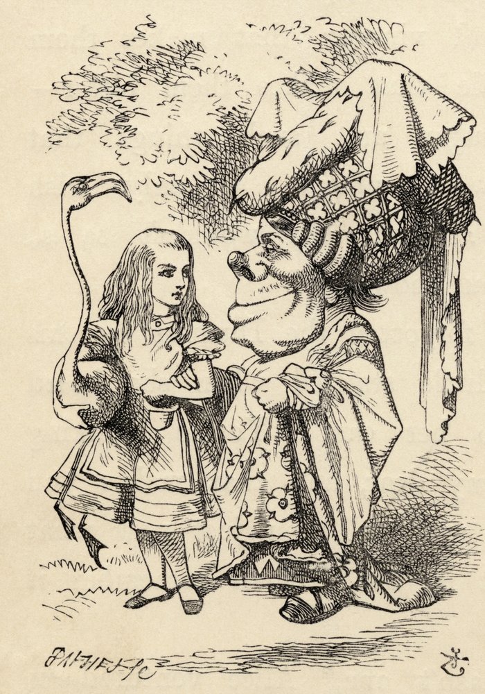 Alice unterhält sich mit einem Flamingo mit der Herzogin, aus „Alices Abenteuer im Wunderland“ von Lewis Carroll, veröffentlicht 1891 von John Tenniel