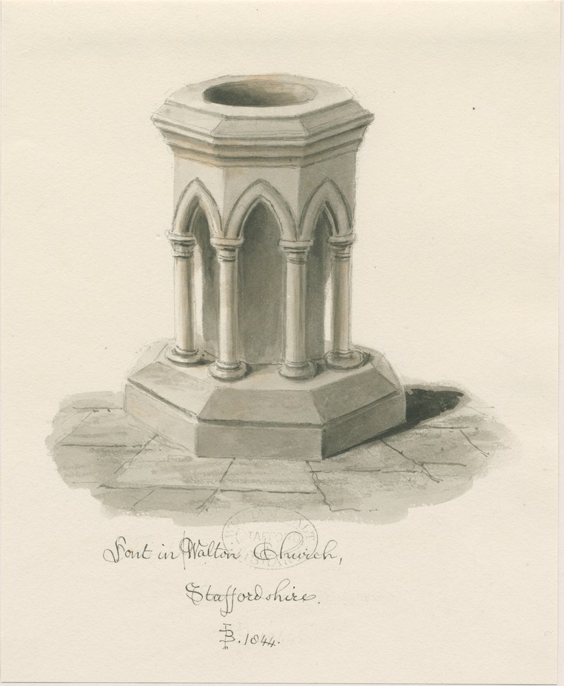 Taufbecken in der Walton-on-the-Hill Kirche von John Buckler