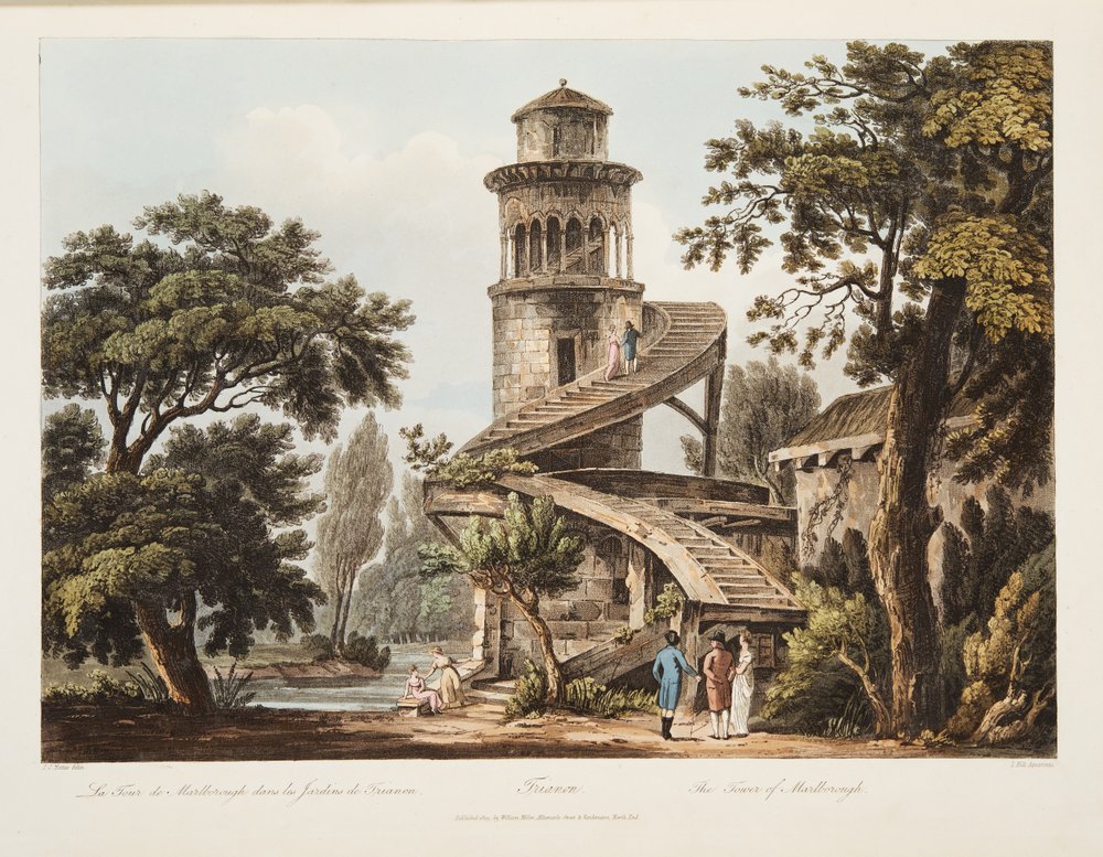 Trianon, Der Turm von Marlborough, Illustration aus Versailles, Paris und Saint Denis, veröffentlicht 1809 von John Claude Nattes
