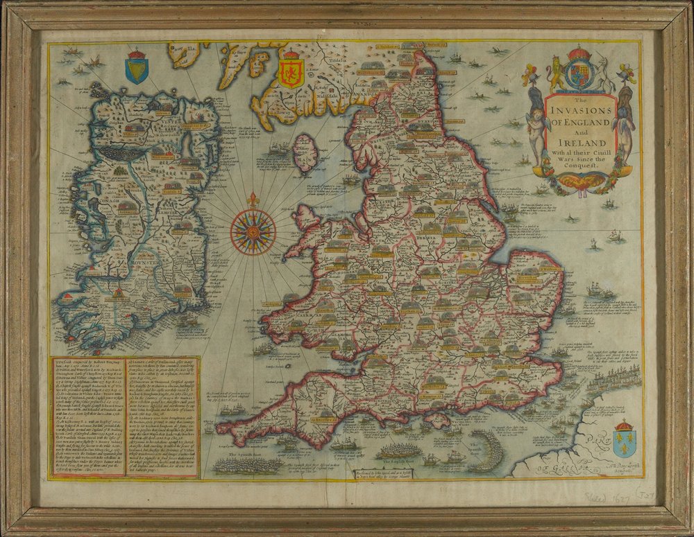 Karte mit Darstellung der Invasionen Englands und Irlands mit all [sic] ihren Bürgerkriegen seit der Eroberung, um 1627 von John Speed