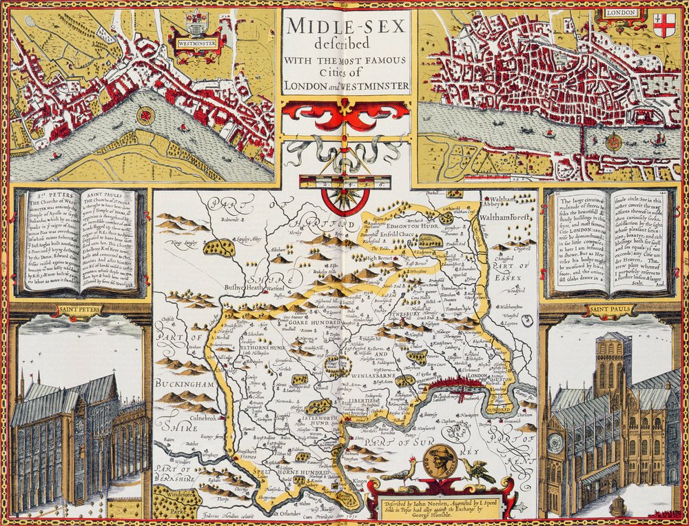 Middlesex mit den berühmtesten Städten London und Westminster dargestellt, aus Speeds „Theatre of the Empire of Great Britain“, 1611-12 von John Speed