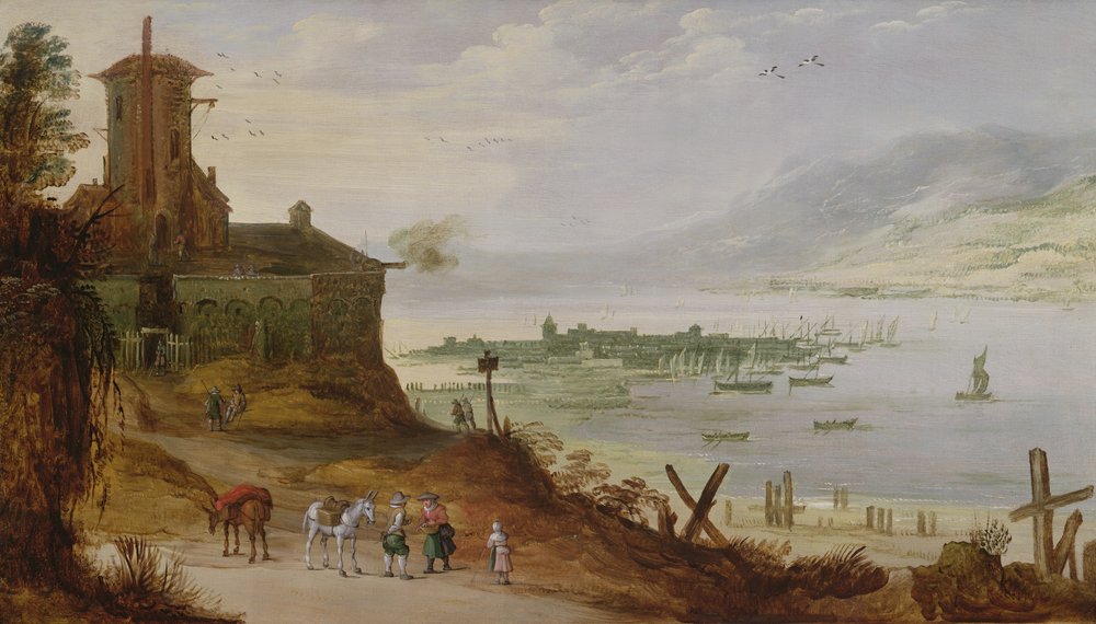 Hügelstadt mit Blick auf einen Hafen von Joos or Josse de Momper