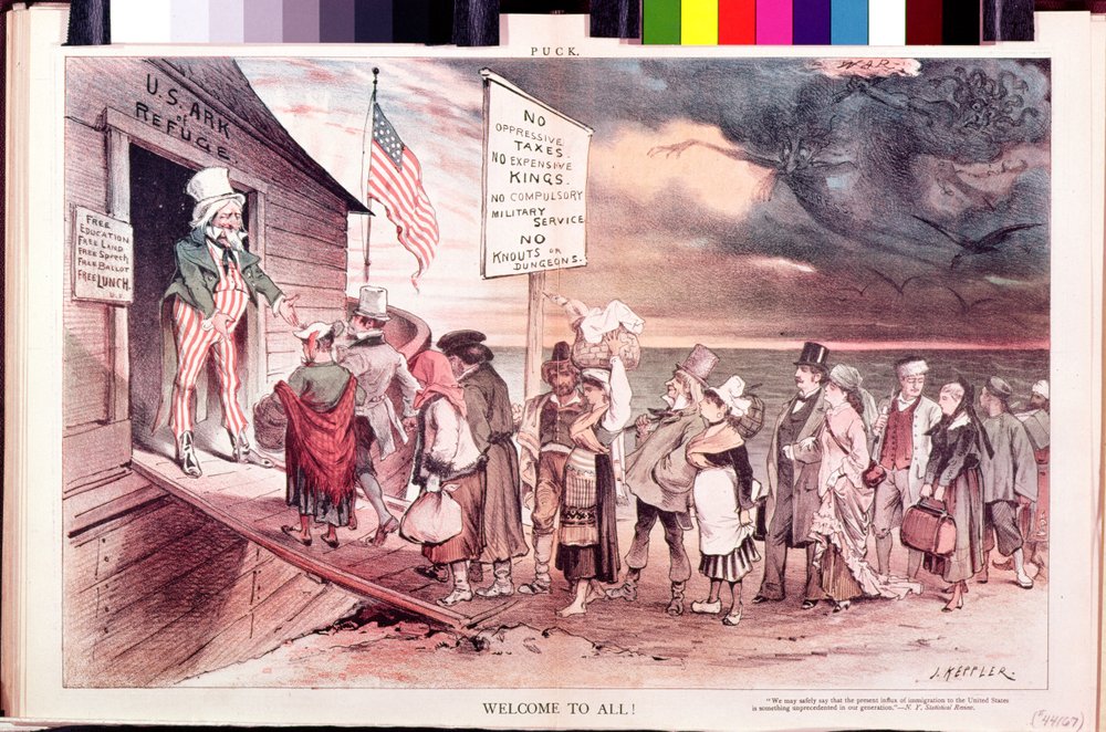 Willkommen an alle, Illustration aus der amerikanischen Zeitschrift „Puck“ von Joseph Keppler