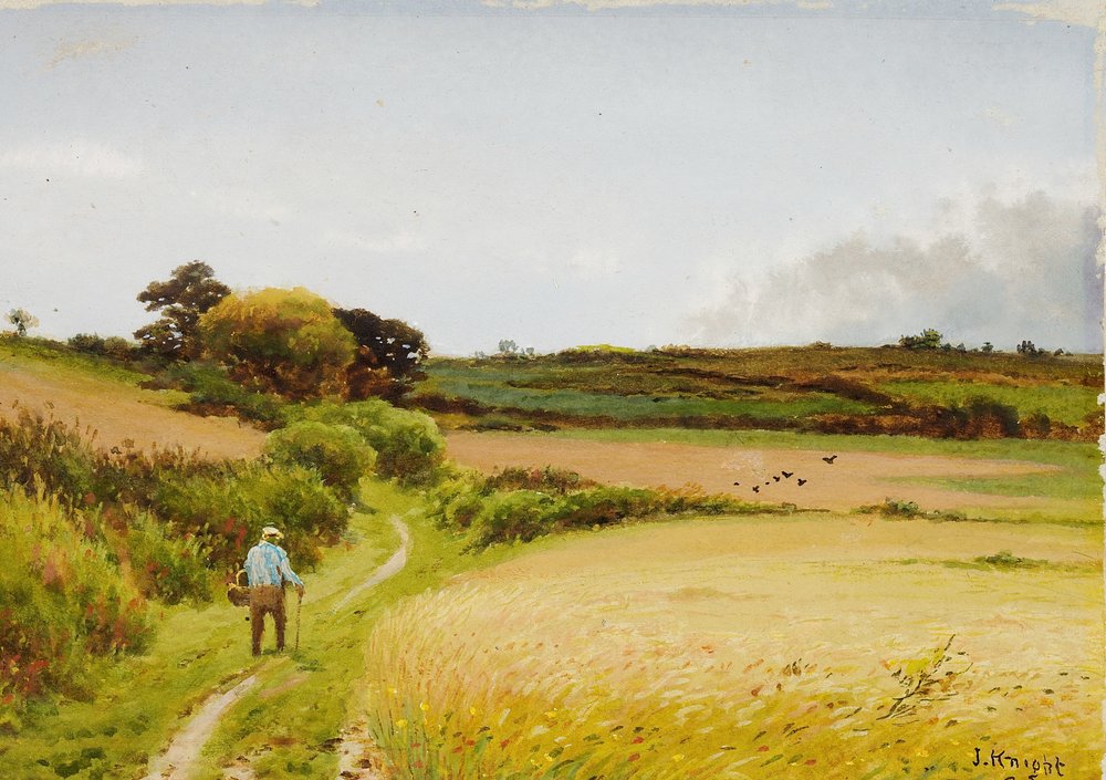 Landschaft mit altem Mann, der einen Korb trägt, 1886 von Joseph Knight