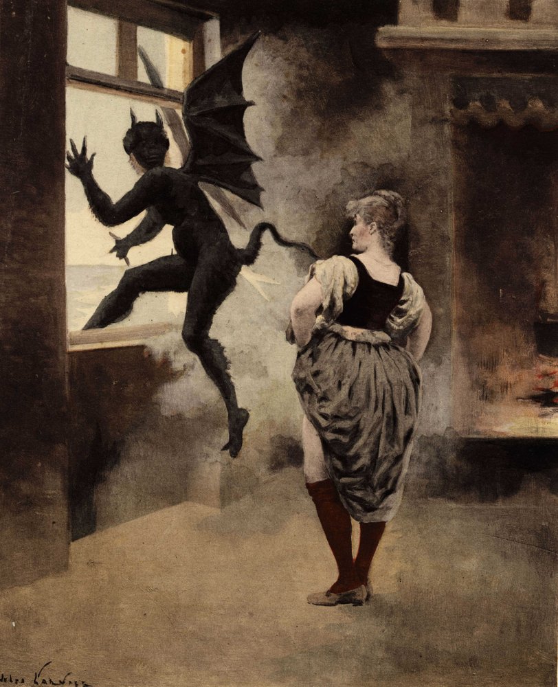 Eine alte Frau aus Papefiguiere erschreckt den Teufel, der aus dem Fenster flieht. Illustration von Jules Garnier. In "Rabelais et l'Oeuvre de Jules Garnier" von Jules Arsene Garnier