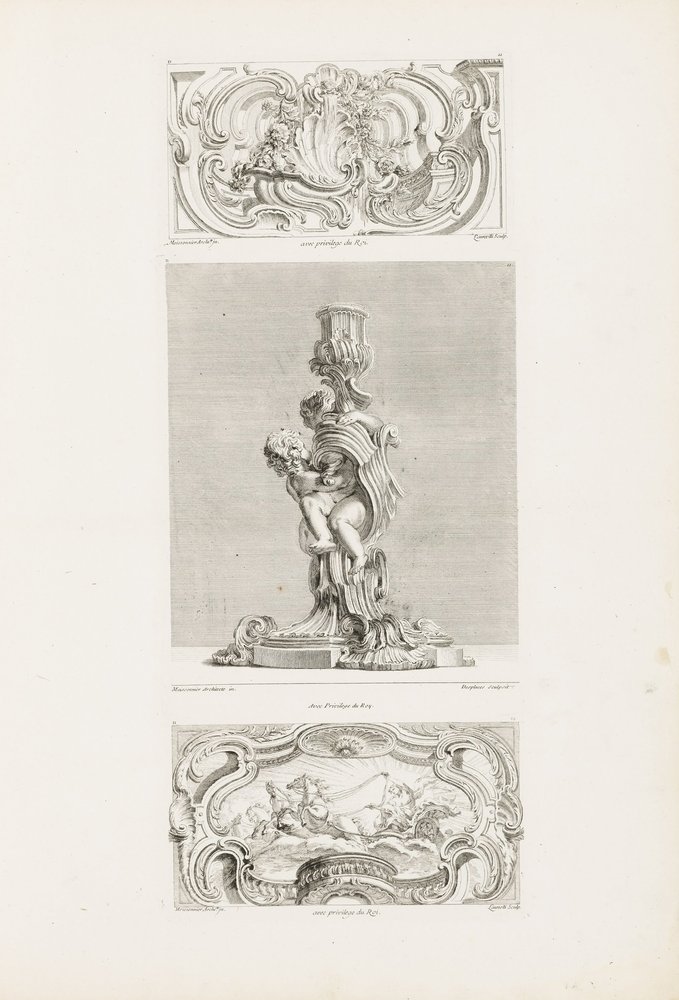 Ornamenttafel mit Muschelbrunnen, flankiert von Girlanden und Voluten ...