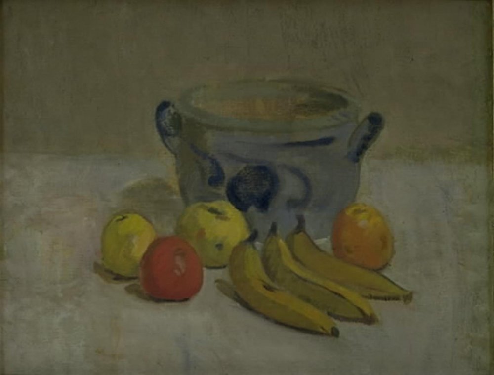 Stillleben mit grauem Krug, Äpfeln und Bananen von Karl Isakson