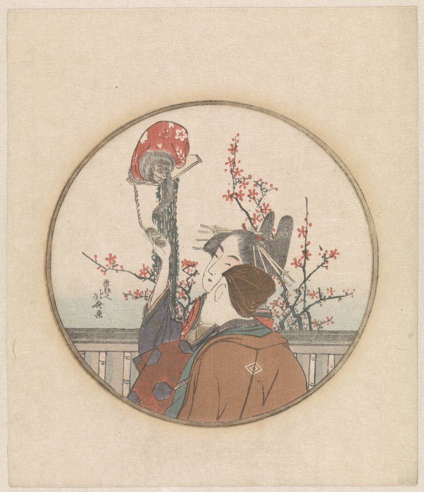 Ehepaar mit Affe und Blütenzweig von Katsushika Hokusai