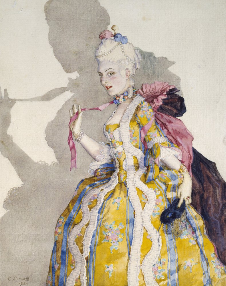 Entwurf für das Kostüm einer Marquise für die Ballerina Tamara Karsavina, 1924 von Konstantin Andreevic Somov