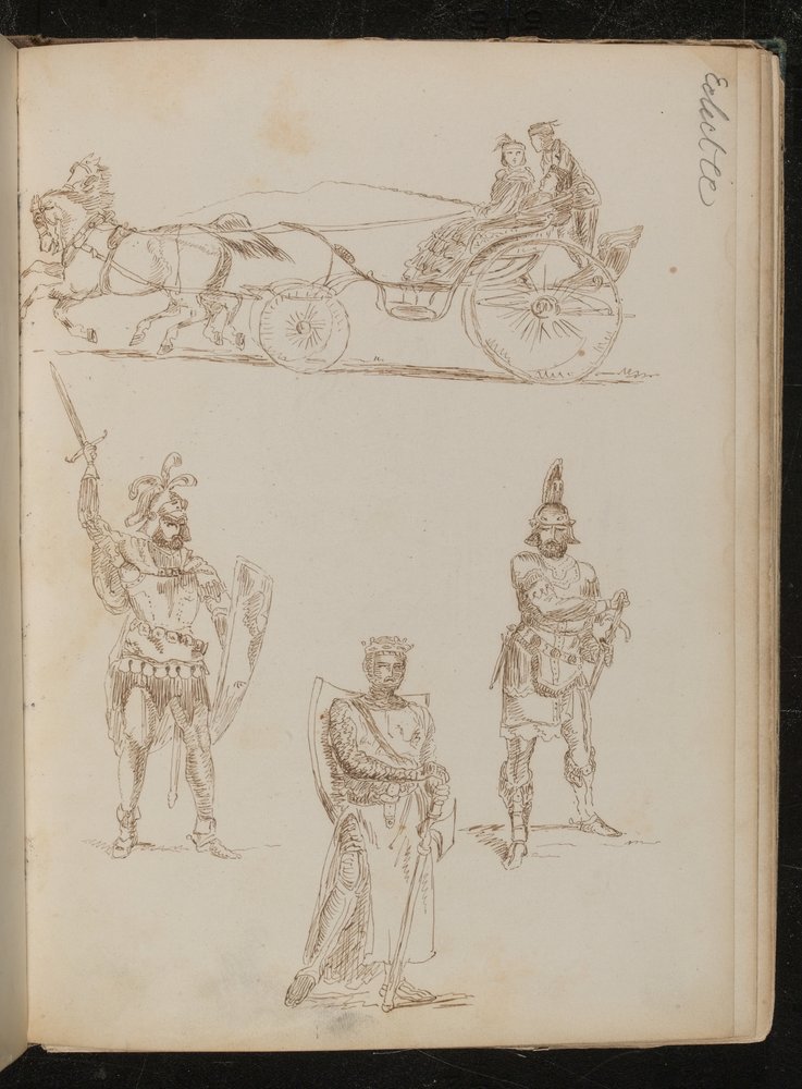 Studie einer von Pferden gezogenen Kutsche mit drei Insassen, drei Studien von griechisch-römischen Kriegern mit Waffen und Schilden (Feder und Tinte) von Lady  Butler