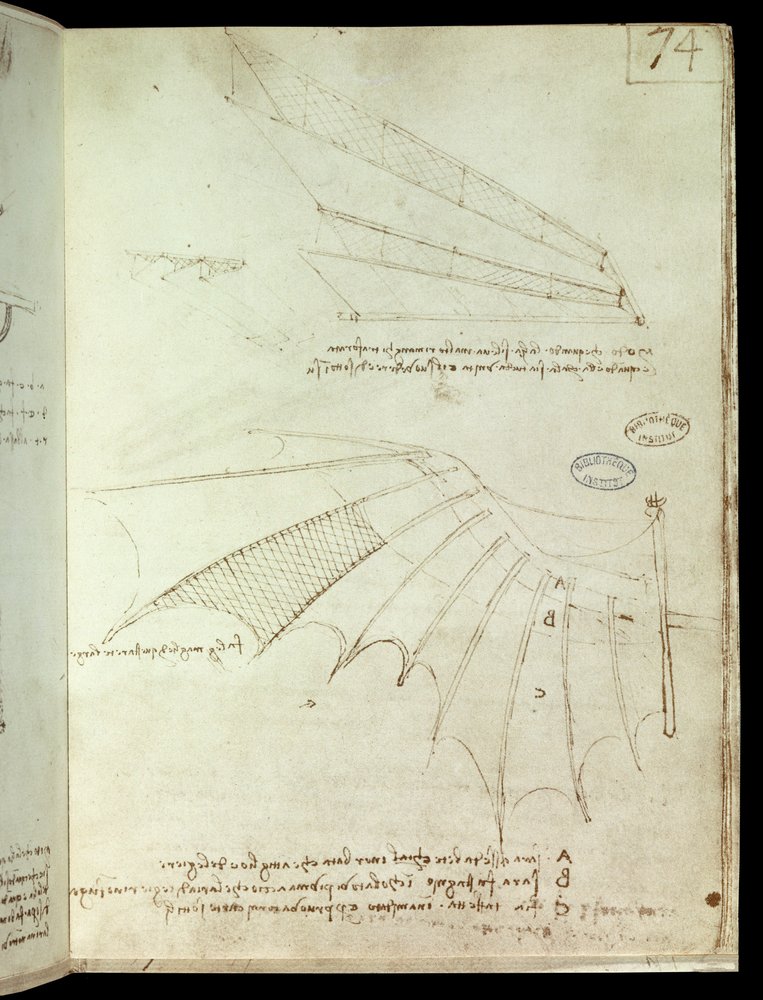 Flügel. Zeichnung einer Flugmaschine. Manuskript von Leonardo da Vinci