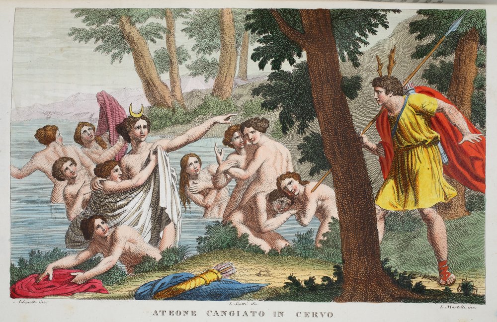 Aktäon wird in einen Hirsch verwandelt, Illustration aus Ovids Metamorphosen, Florenz, 1832 von Luigi Ademollo