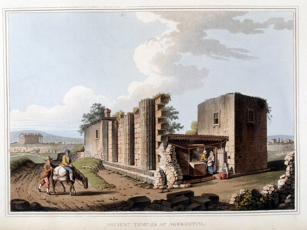 Antiker Tempel in Agrigent in Italien. In „Ansichten in den osmanischen Herrschaften, in Europa, in Asien und einigen Mittelmeerinseln“ nach den Originalzeichnungen von Luigi Mayer, London von Luigi Mayer