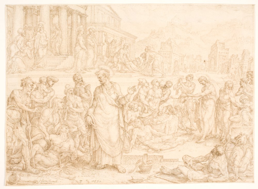 Petrus und die anderen Apostel heilen die Kranken von Maarten van Heemskerck