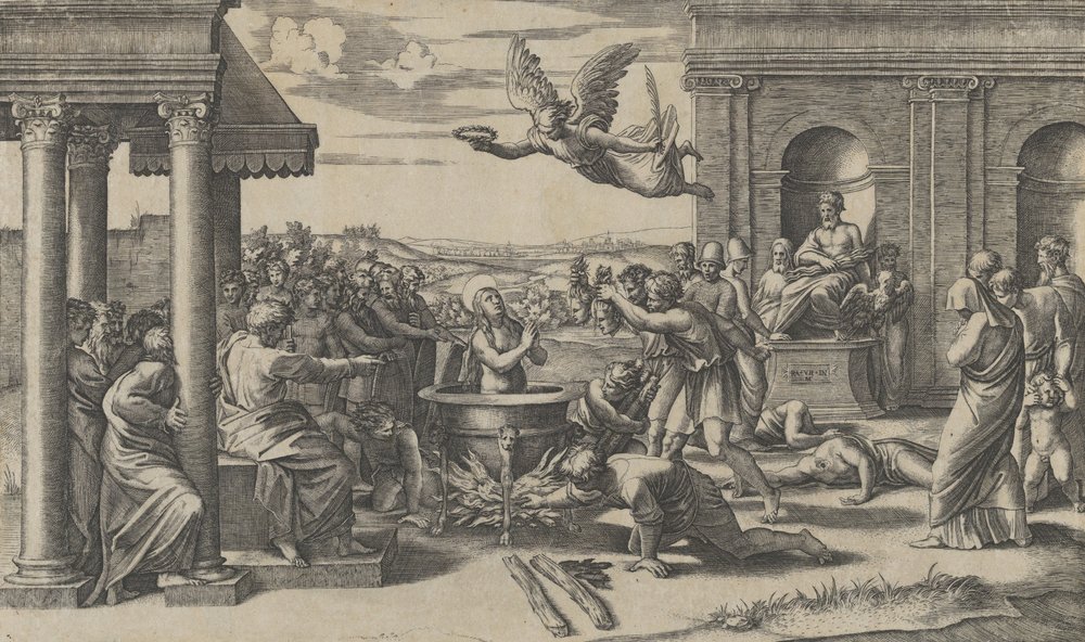 Das Martyrium der heiligen Cäcilia, die nackt in einem großen Kessel steht, links unter..., ca. 1520-25 von Marcantonio Raimondi