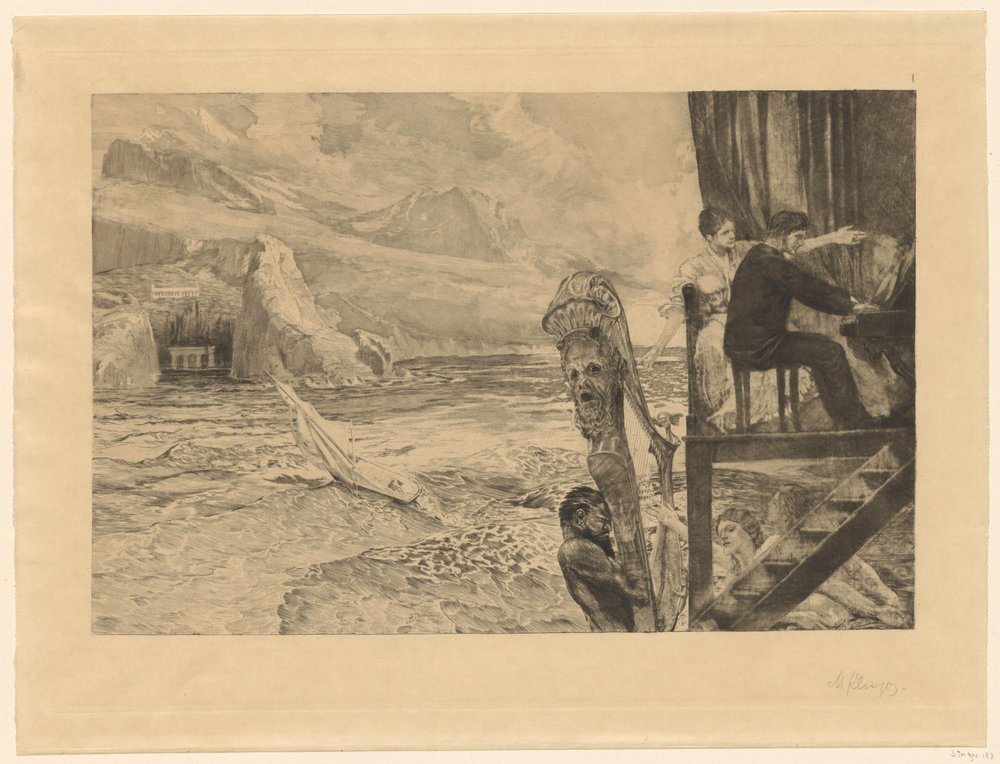 Pianist auf einem Holzbalkon, umgeben von Nymphen, vor einer Bucht von Max Klinger
