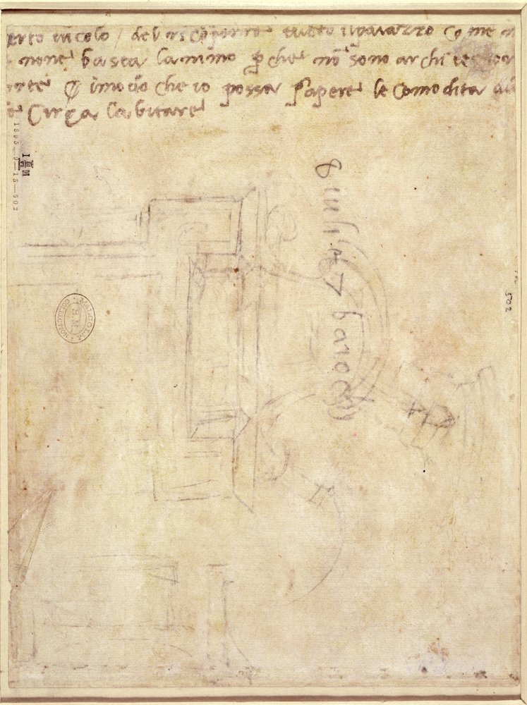 Architektonische Studie mit Notizen (Feder und Bleistift auf Papier) (verso) von Michelangelo Buonarroti