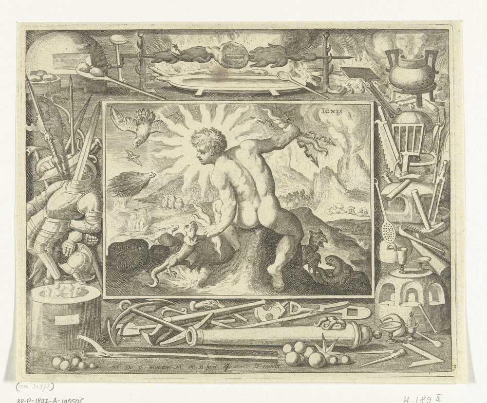 Element Feuer als junger Mann mit Blitzen (Ignis, Die vier Elemente)