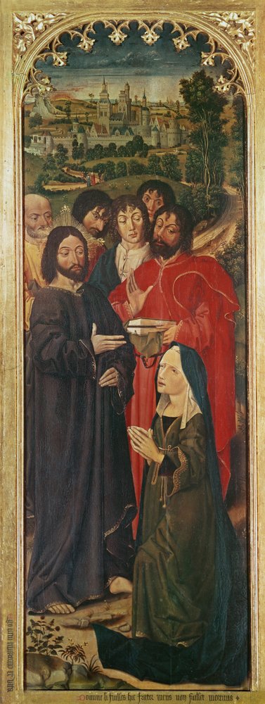 Die Auferstehung des Lazarus Triptychon, linkes Panel von Martha kniend vor Christus, 1461 von Nicolas Froment