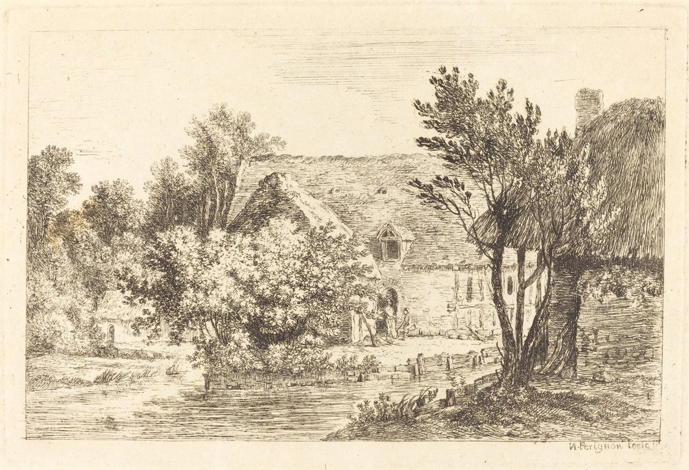 Ein Haus und ein schattiges Häuschen am Ufer eines Flusses von Nicolas Perignon
