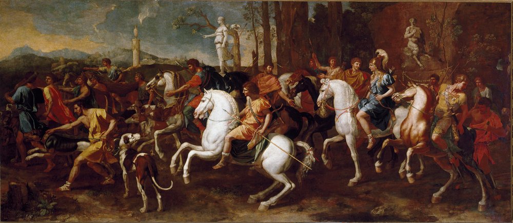 Die Jagd des Meleager. Helden der griechischen Mythologie, berühmt während der Jagd auf den Eber von Kalydon. Gemälde von Nicolas Poussin von Nicolas Poussin