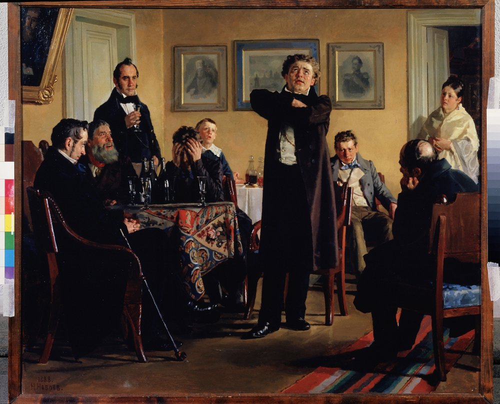Der Schauspieler Pawel Mochalow (1808-1848) umgeben von seinen Bewunderern. (Schauspieler P. Mochalow unter seinen Bewunderern). Er gilt als der größte Tragöde des romantischen Russlands und spielt eine Rolle in einem privaten Salon, die Zuschauer sind auf von Nikolai Vasilievich Nevrev