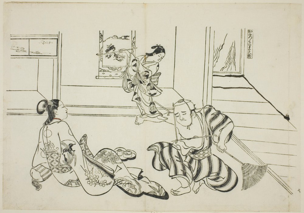 Kindlicher Begleiter und kahler Tengu vom Berg Kurama (Kaburo Kurama Tengu), Nr. 7 aus einer Serie von 12 Drucken, die Parodien von Stücken darstellen von Okumura Masanobu