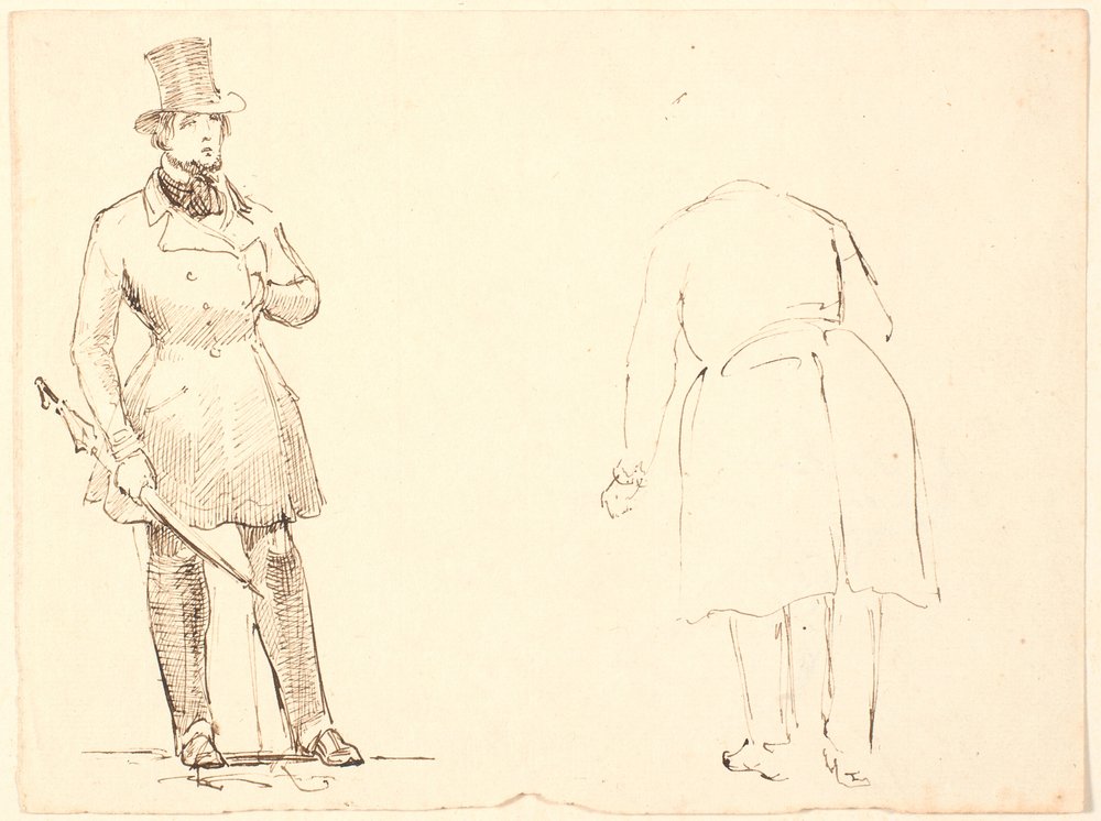 Stehender Herr mit Regenschirm und rechts sich verbeugender Herr von hinten gesehen von P.C. Skovgaard