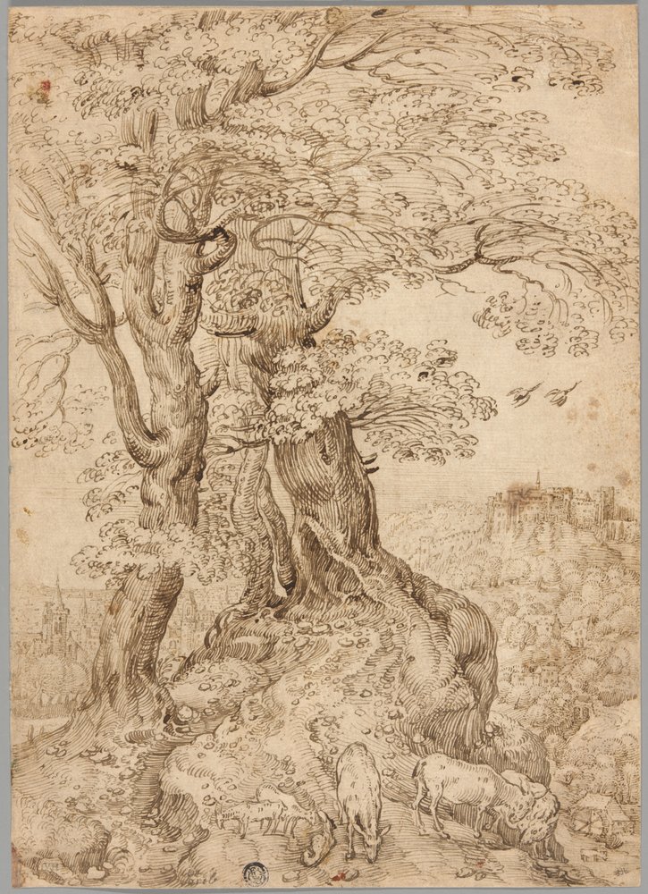 Bewaldete Landschaft mit Eseln und Ziegen und Schloss in der Ferne von Paul Bril