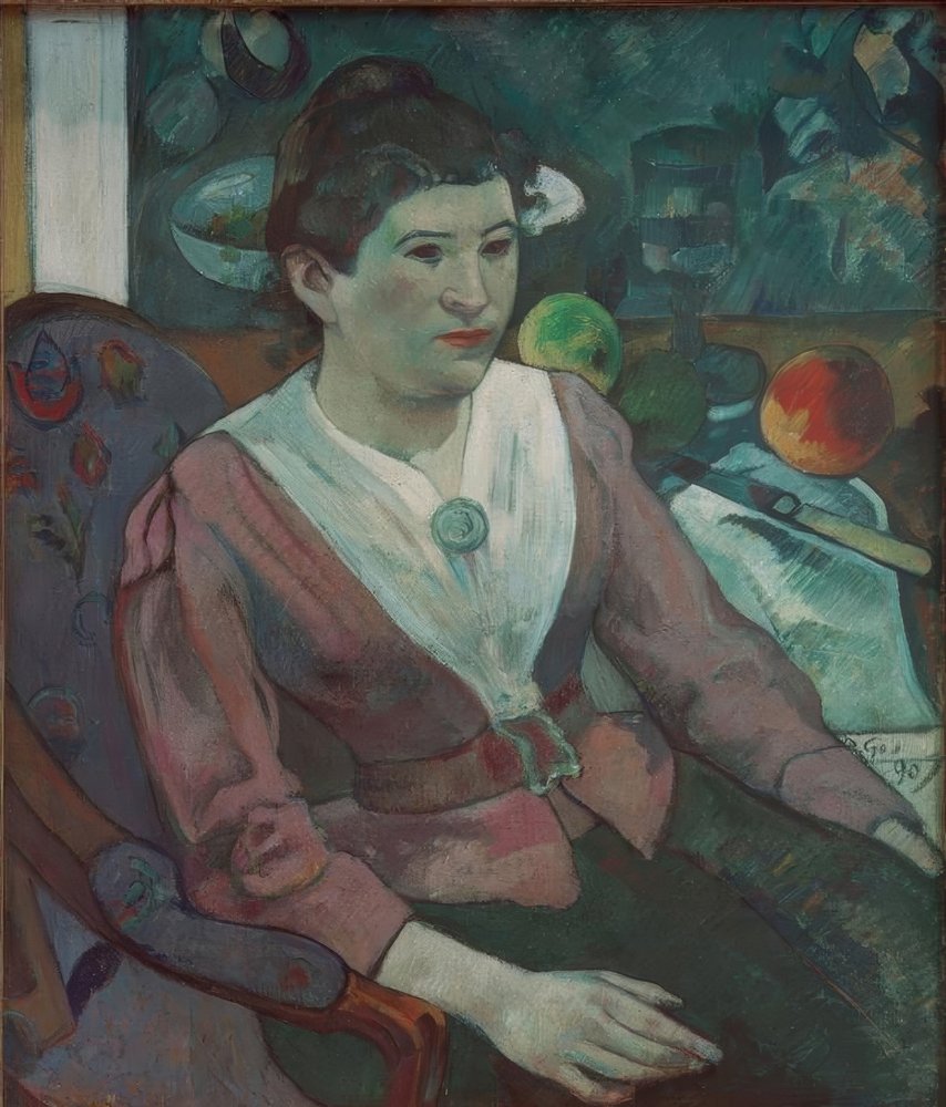 Porträt einer Frau mit Stillleben von Cézanne – Marie Derr von Paul Gauguin