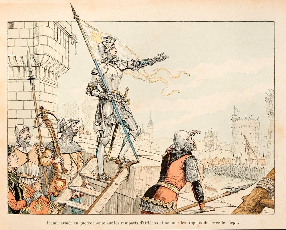 Illustration aus dem Buch „Johanna von Orleans“ von Theodore Cahu, illustriert von Paul De Semant (1855-1915): Johanna von Orleans in Rüstung auf den Stadtmauern von Orleans forderte die Engländer auf, die Belagerung aufzuheben von Paul de Semant