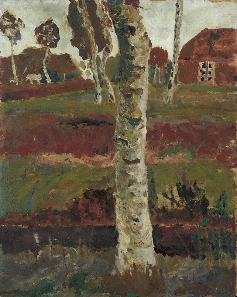 Birkenstamm am Moorgraben vor Landschaft mit Haus von Paula Modersohn-Becker