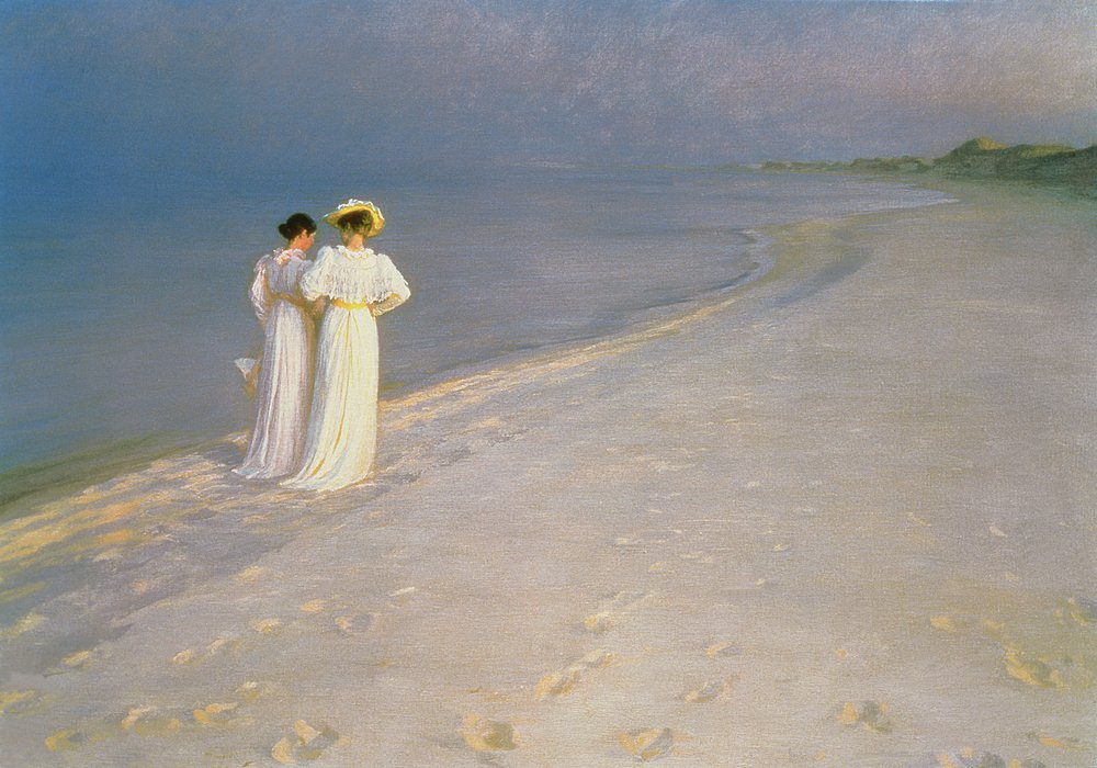 Sommerabend am Südstrand von Skagen mit Anna Ancher und Marie Krøyer von Peder Severin Krøyer