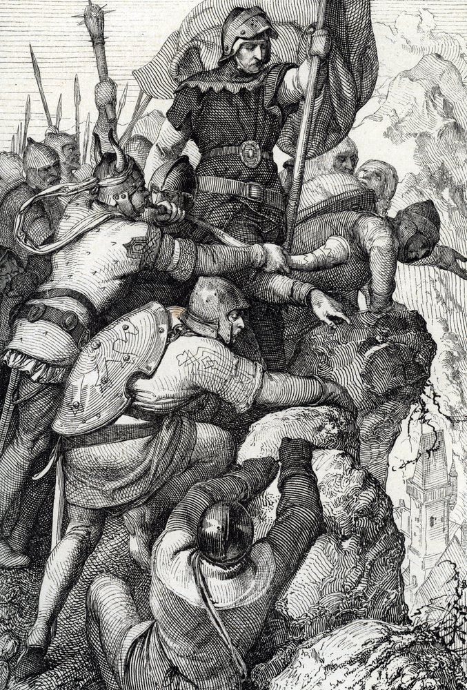 Die Truppen von Othon I. von Bayern (1117-1183) in der Nähe von Verona in Italien 1155. Federzeichnung aus 