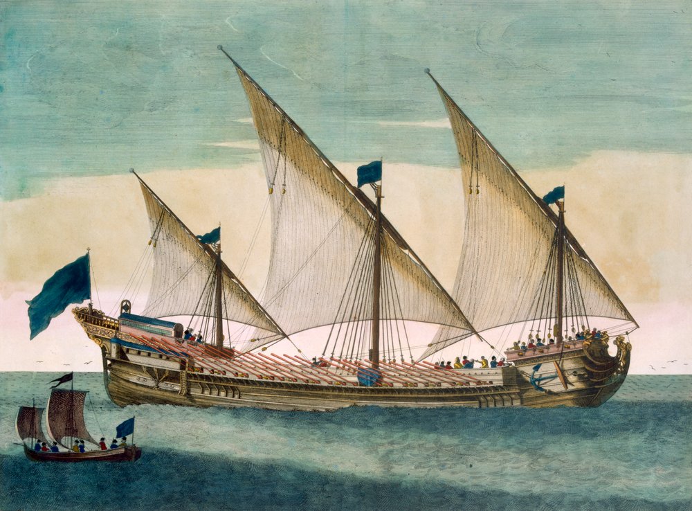Eine dreimastige Galeasse unter Segeln, die Ruder eingeholt, aus „Le Neptune François“, ca. 1693-1700 von Pierre Mortier