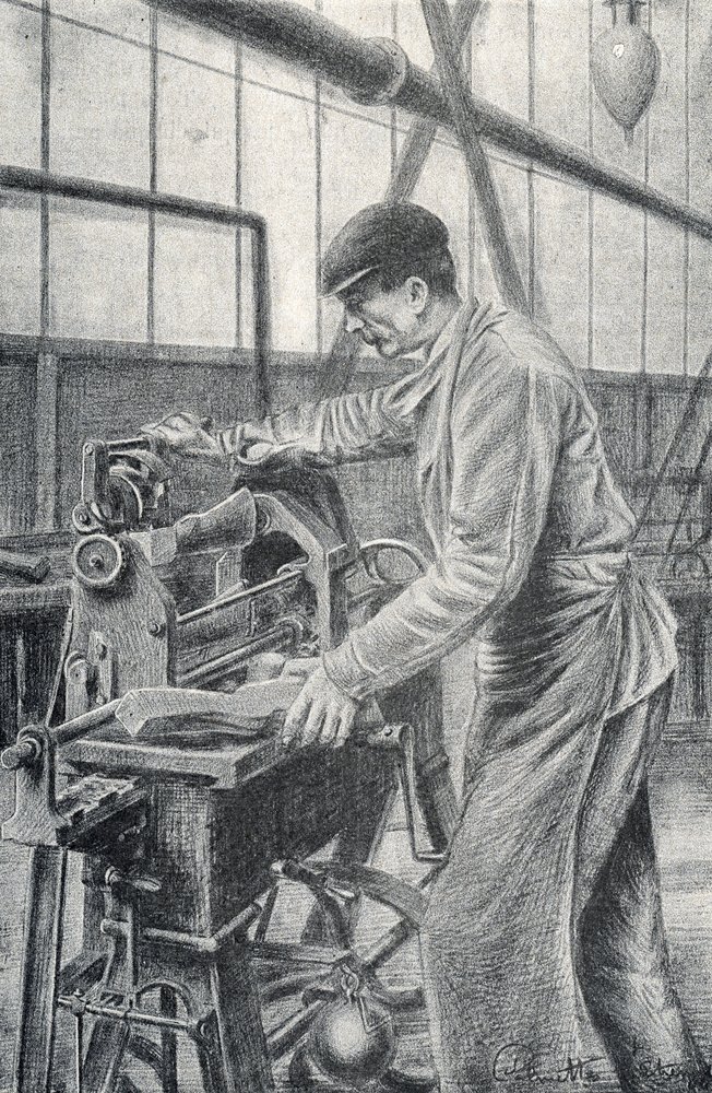 Schneiden von Gewehrkolben in einer Waffenfabrik, Gravur von Pierre Calmette, Privatsammlung von Pierre Calmettes