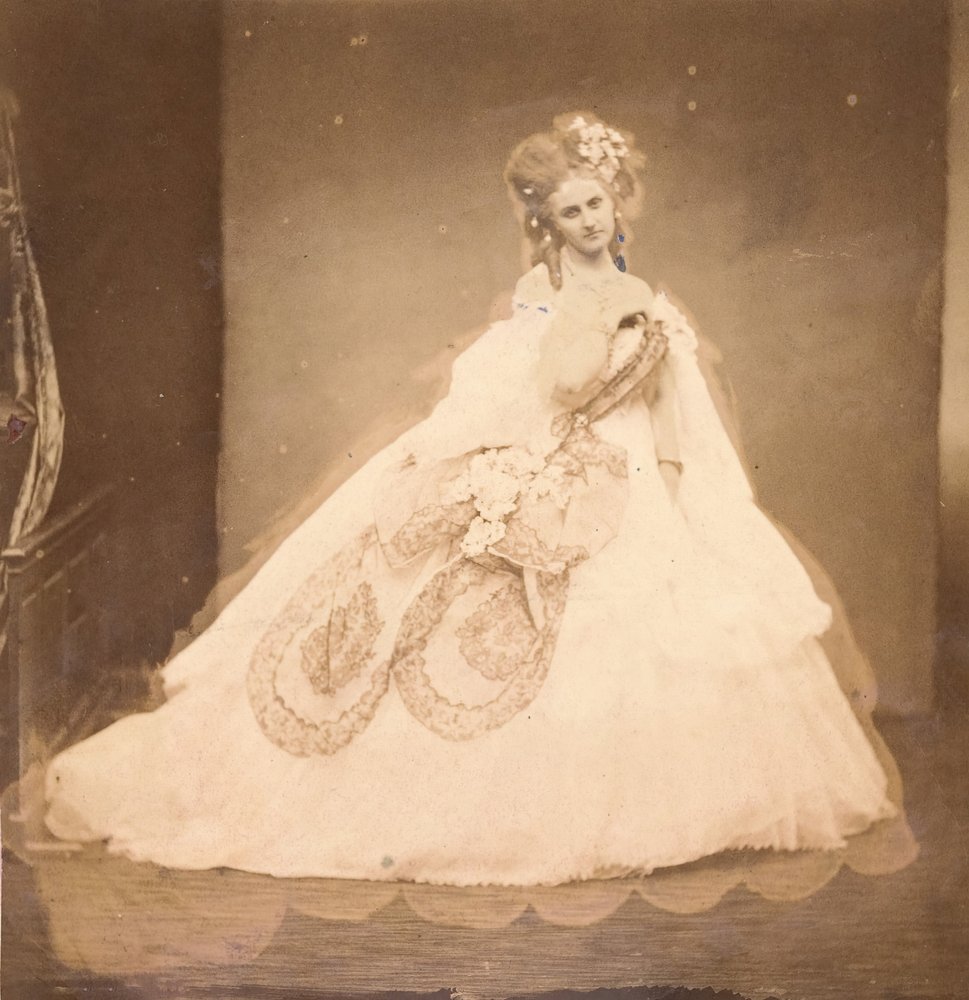 La Bisi. Boudoir, grauer Samtrobe, rosa Moiré, rosa Blumen, graue Blätter von ihrer Mai, 1860er von Pierre-Louis Pierson