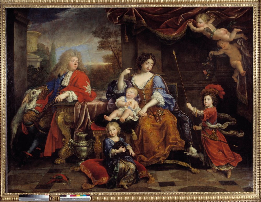 Die Familie Ludwigs von Frankreich (1661-1711), Sohn Ludwigs XIV. (1638-1715), bekannt als der Grand Dauphin, im Jahr 1687. Er wurde mit seiner Frau Marie Anne Christine de Bavière und ihren Kindern Louis, Philippe (der Philipp V. von Spanien wurde) und von Pierre Mignard