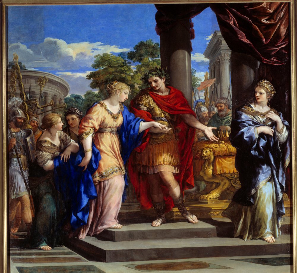 Caesar setzt Kleopatra wieder auf den Thron Ägyptens. Julius Caesar übergibt Kleopatra, in die er sich verliebt hat, den Thron Ägyptens, nachdem er 47 v. Chr. Pharao Ptolemaios XIII. besiegt hat. (1596-1669). 16 von Pietro da Cortona