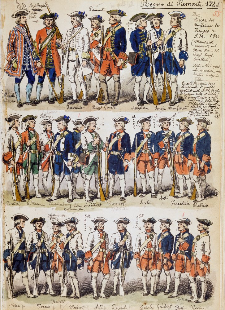 Uniformen der Truppen des Königreichs Piemont im Jahr 1744, Tafel aus dem Cenni-Codex, Sammlung militärischer Skizzen von Quinto Cenni von Quinto Cenni
