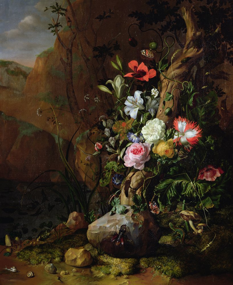 Von Blumen, Schmetterlingen und Tieren umgebener Baumstamm, 1685 von Rachel Ruysch