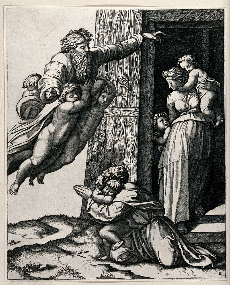 Gott, unterstützt von drei Engeln, erscheint Noah von Raffaello Sanzio Raphael
