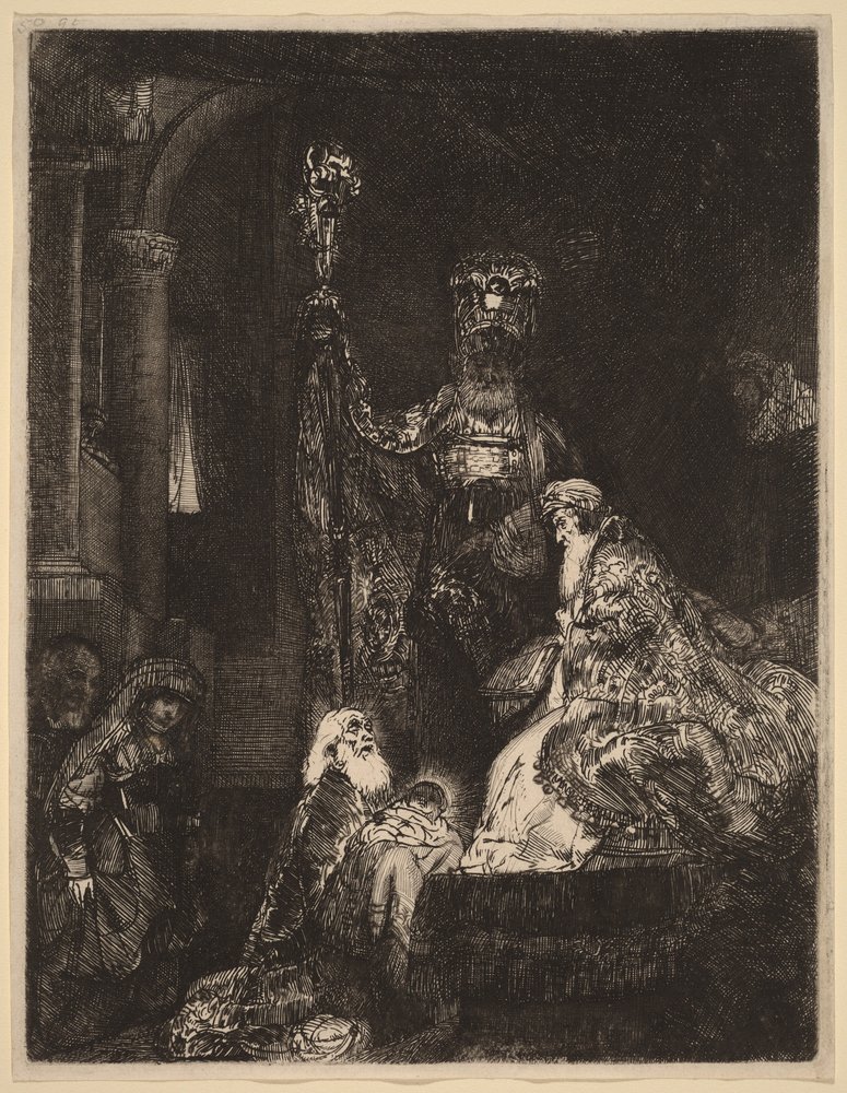 Die Darstellung im Tempel im dunklen Stil von Rembrandt van Rijn